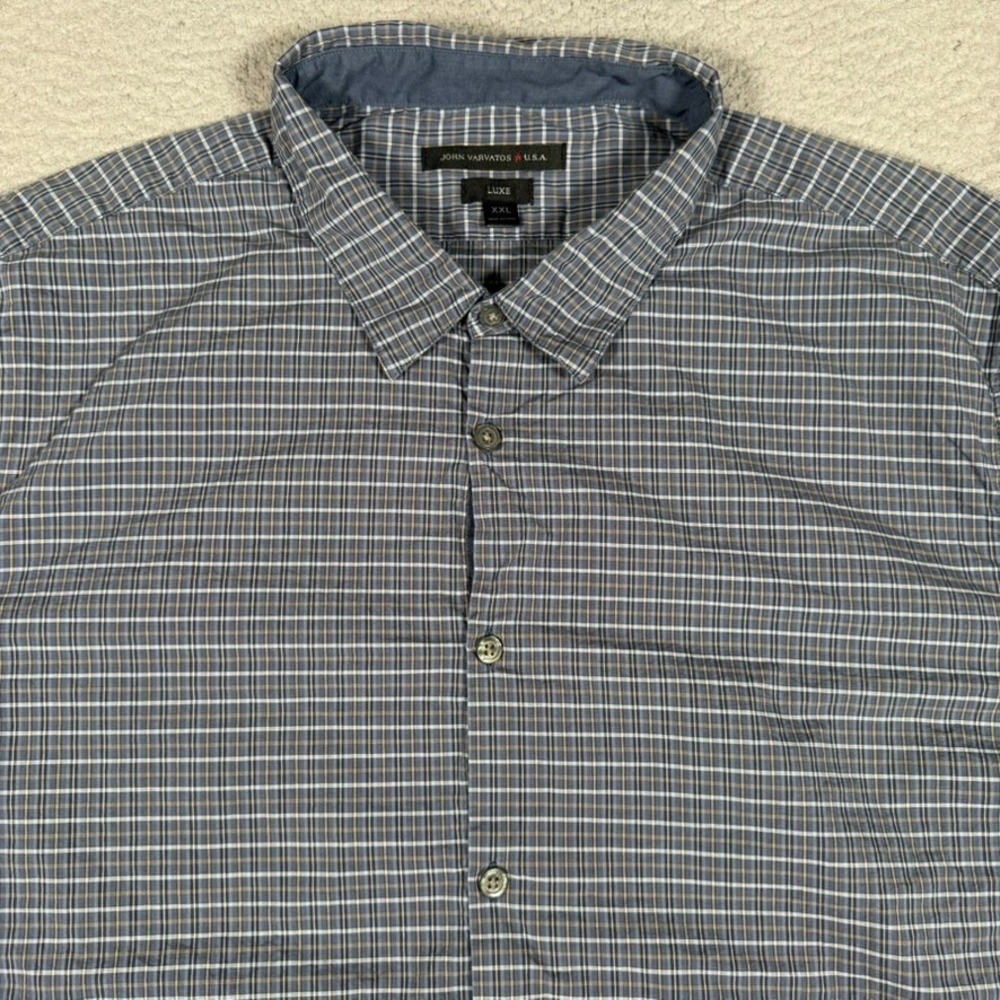 John Varvatos Shirt Mens XXL Blue Plaid Button Up Casual Preppy 100% Cotton Logo